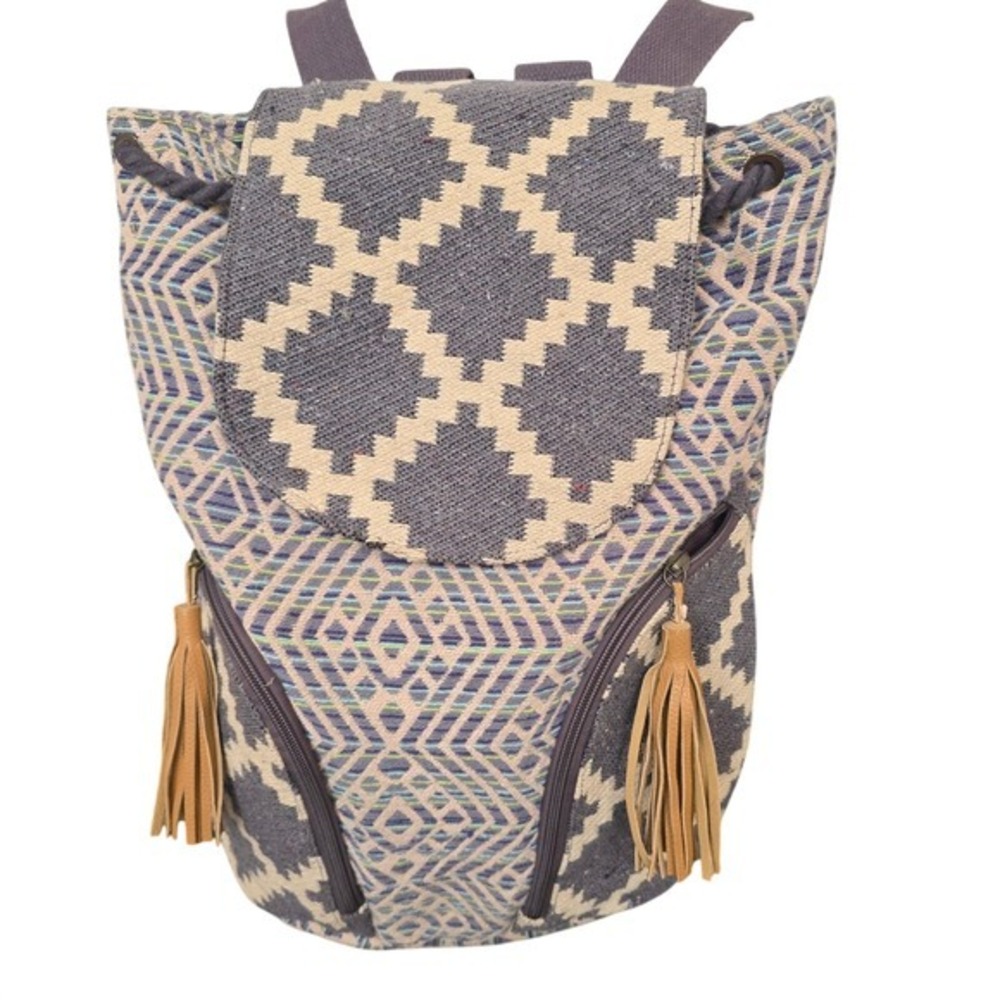 Mossimo Supply Woven‎ Geometric Tribal Backpack Grey Tassel Boho Bag